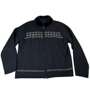 VTG‎ Karen Scott Wool Zip Sweater Jacket Faux Fur Collar Fair Isle Nordic XL